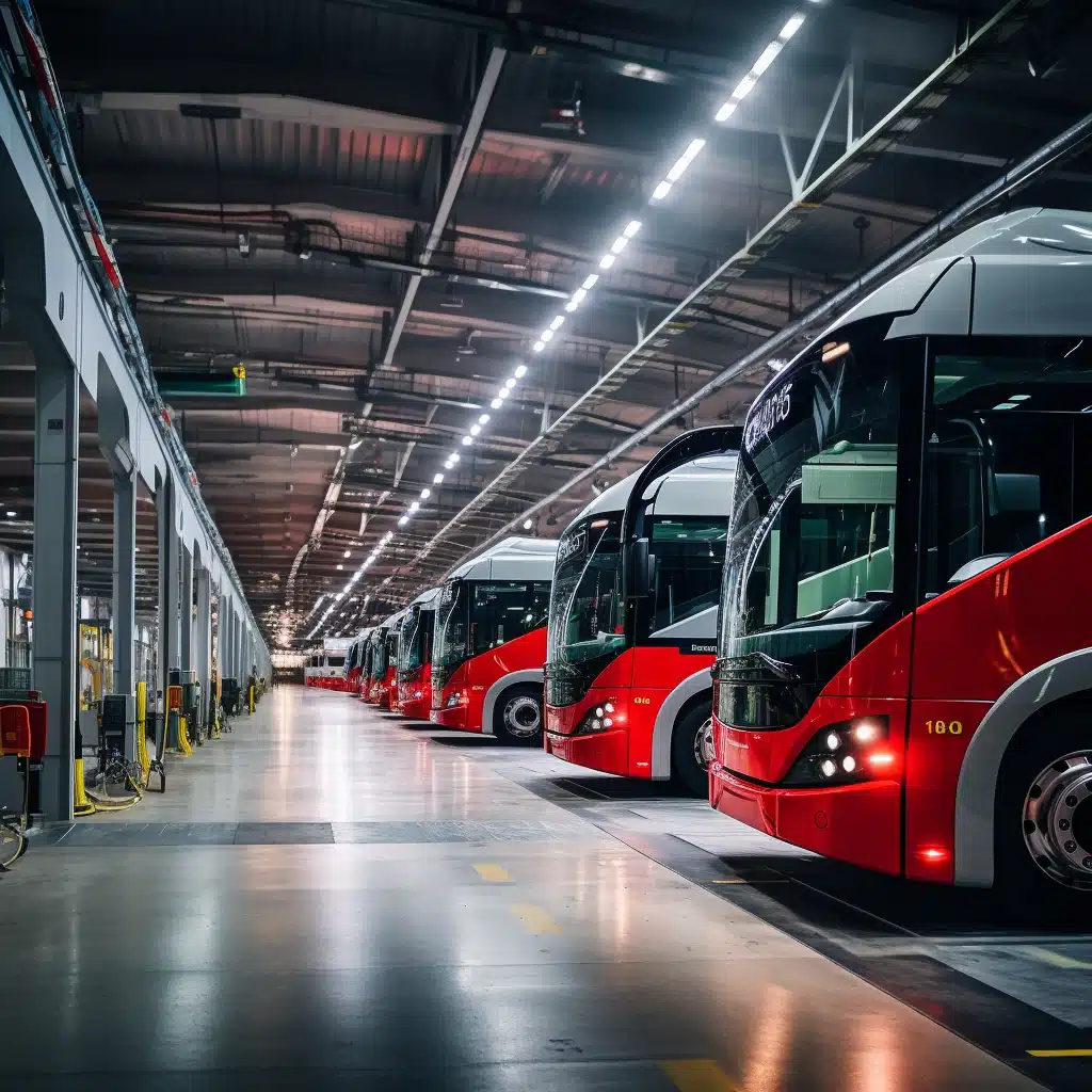 A fleet of red electric buses lined up inside their depot, opposite supporting infrastructure